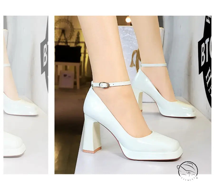 Leather Square Toe Ankle Strap High Heels