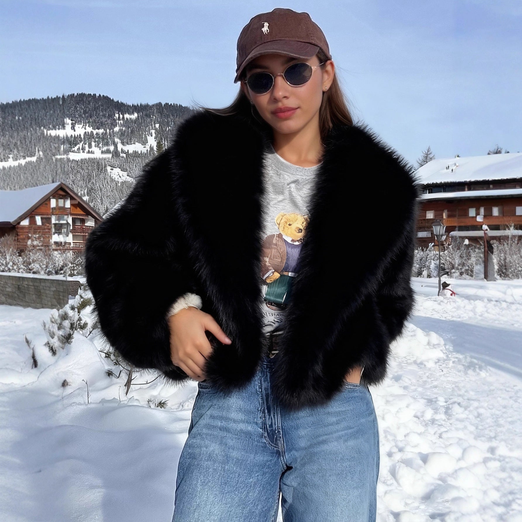 Langry faux fur effect plush coat with black jacket and brown cap