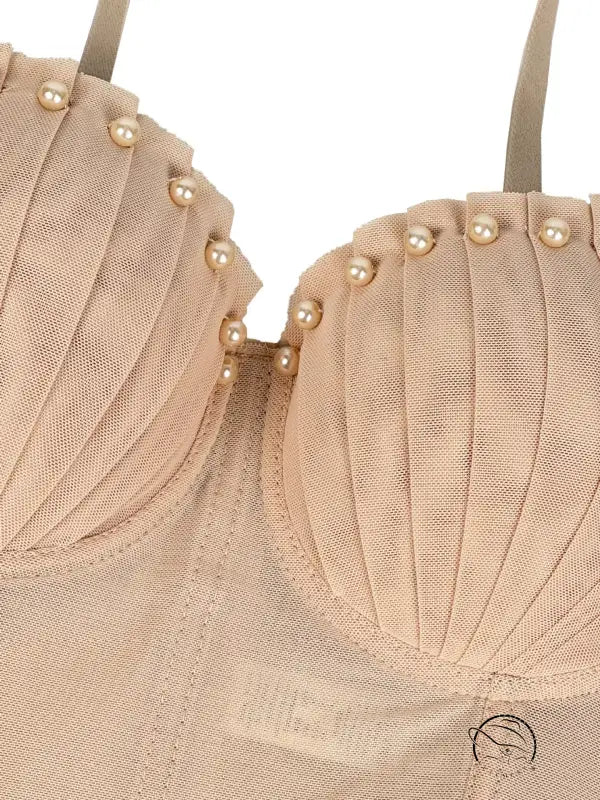 Beige mesh bra with pearl embellishments in Langry fashion corset