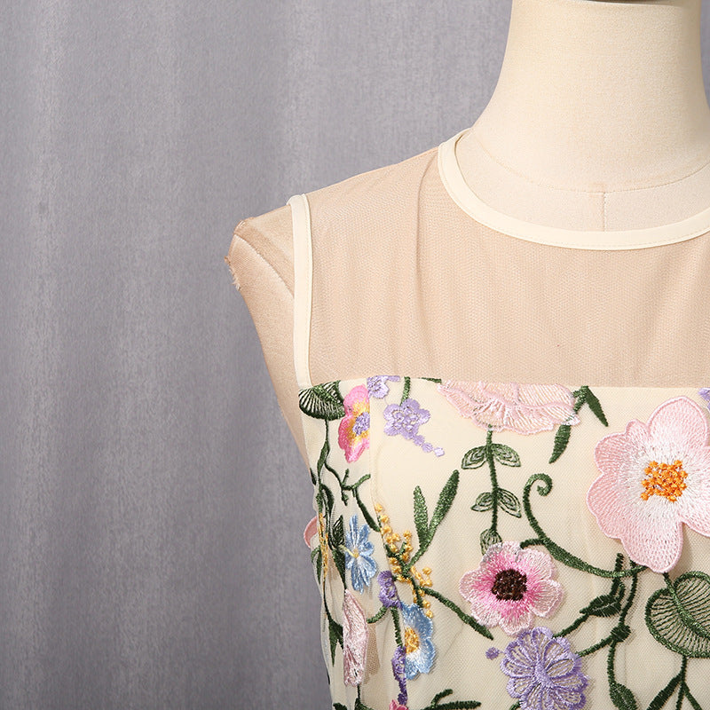 Langry fashion elegant fishtail hem mesh stitching dress with floral embroidery