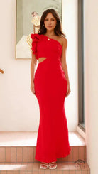 Red enchanting slim fit dress with one-shoulder formal style