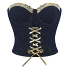 Langry denim black blue corset with steel ring cup, lace trim, gold accents