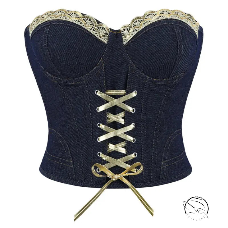 Denim black blue corset with steel ring cup, lace trim, gold accents, langry fashion ملابس