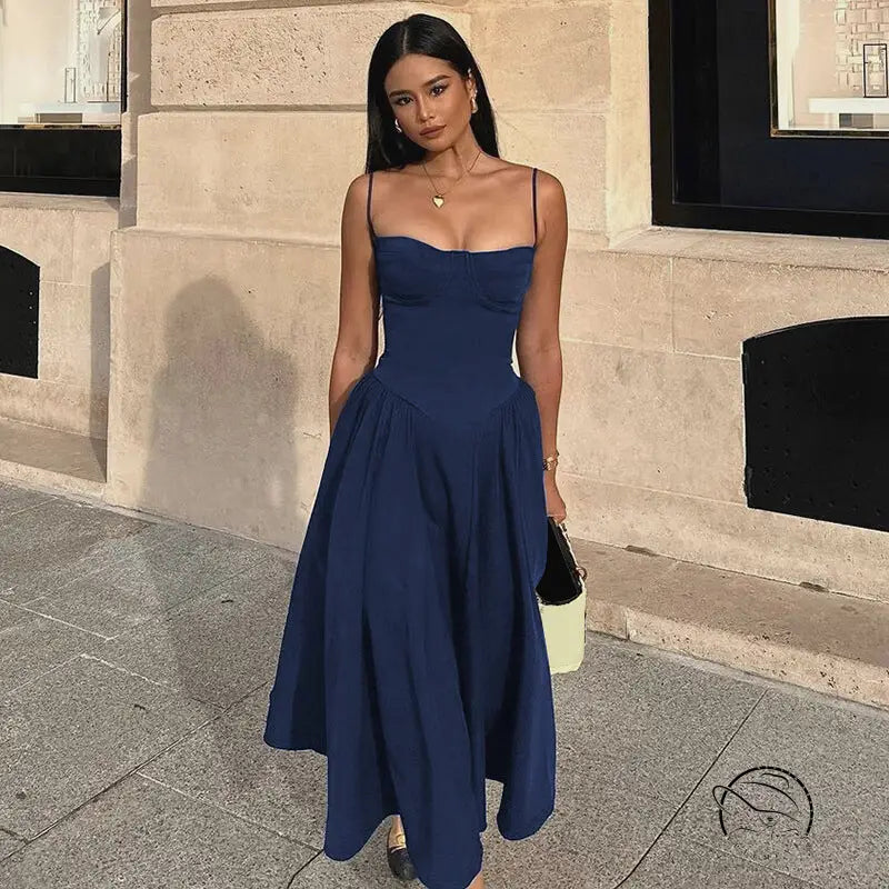 Elegant navy blue backless sling dress