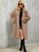 Long warm faux fur plush coat in taupe with matching collar