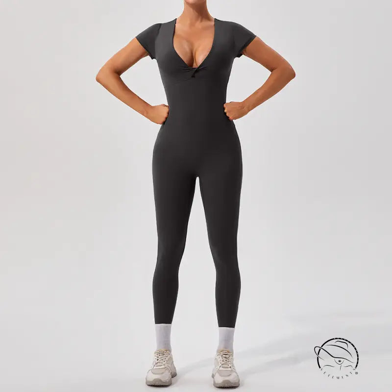 Sleek langry fashion yoga fitness one-piece bodysuit in dark gray
