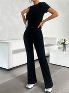 Langry black short-sleeved crop top in yoga fashion two-piece set