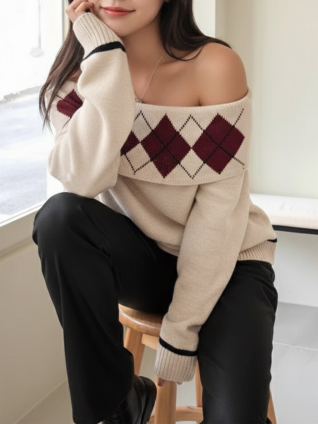 Elegant langry rhombus plaid off-shoulder fashion sweater in cream burgundy with black pants