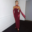 Burgundy strapless langry fashion gown with gloves and scarf