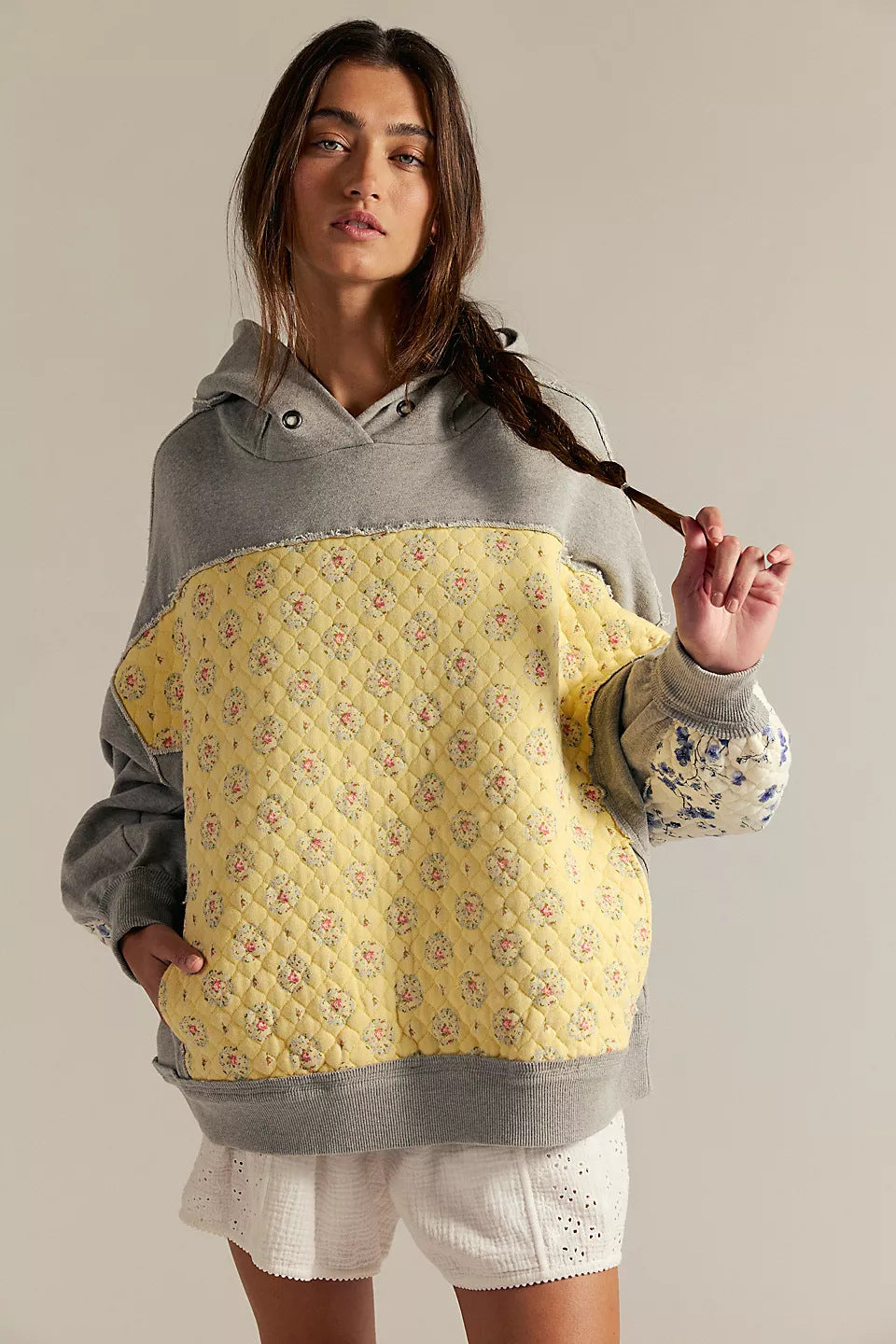 Anthropologie yellow gray oversized quilted hoodie with floral pattern