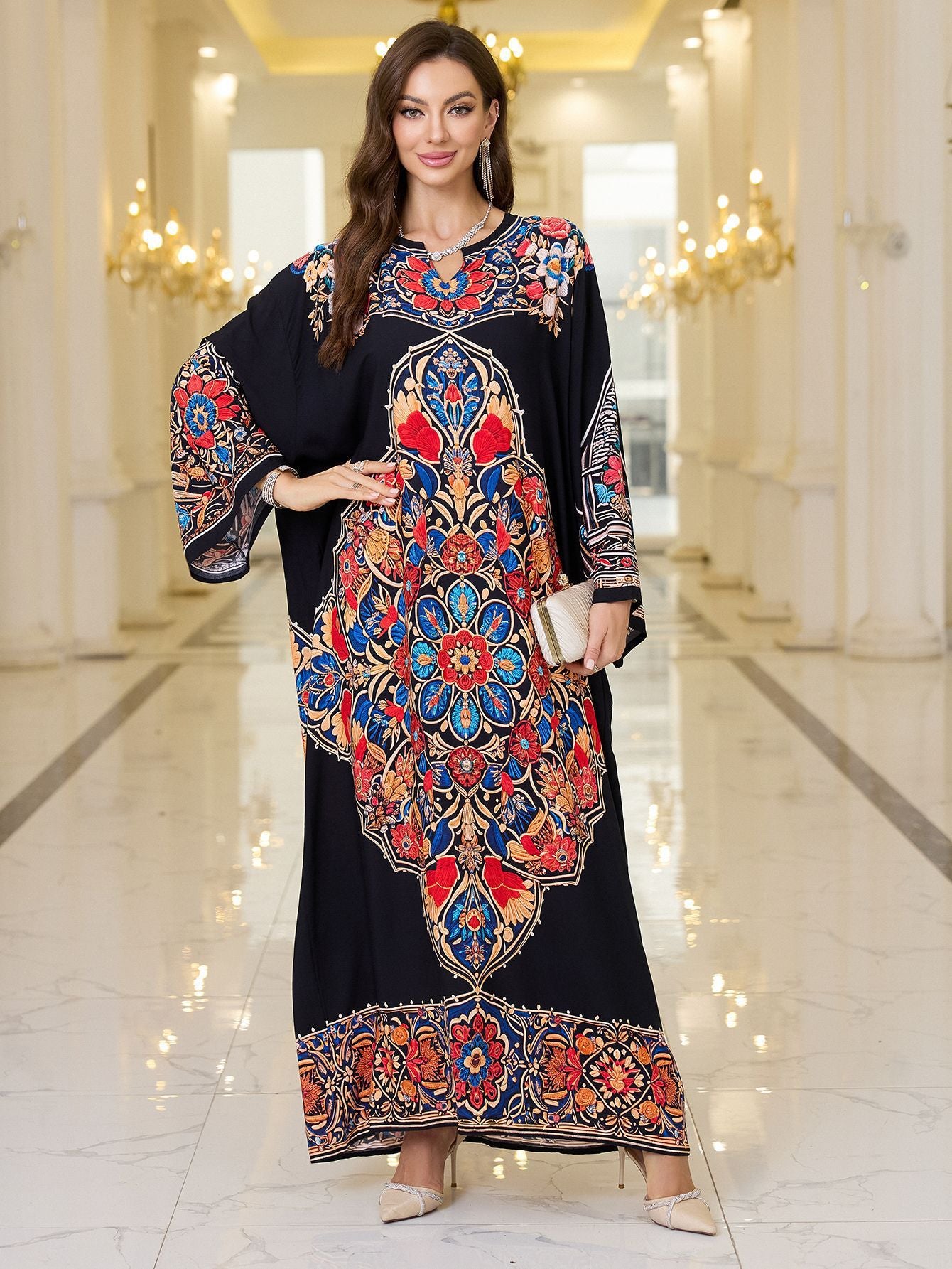 Elegant loose black floral print kaftan dress with bell sleeve length