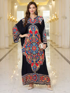 Elegant loose black floral print kaftan dress with bell sleeve length