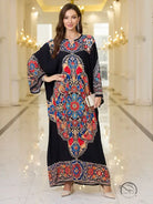 Elegant loose black floral print kaftan dress with bell sleeve length