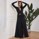 Langry enchanting split evening dress: black ruched fashion with gold belt and high slit