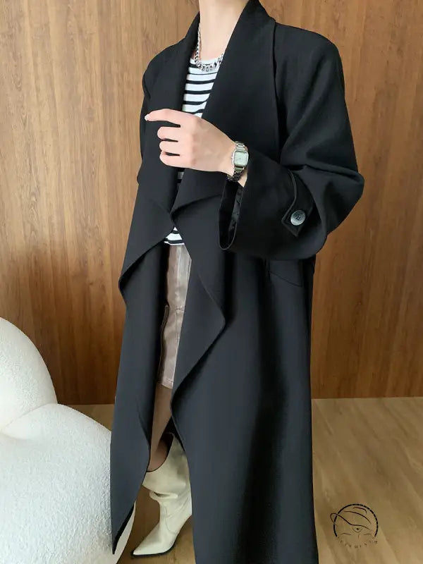 Black open-front trench coat from cozy long high-end langry fashion ملابس