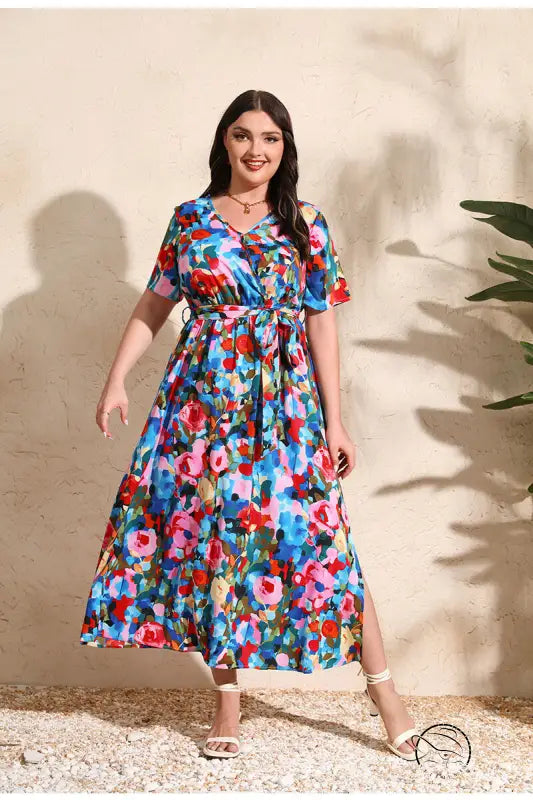 Colorful rose holiday plus size chiffon dress with floral print