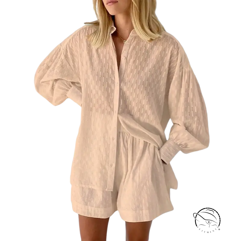 Beige embroidered jacquard pajamas shirt with puffed sleeves