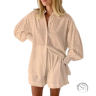 Beige embroidered jacquard pajamas shirt with puffed sleeves