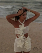 White beach holiday halter floral dress with crochet and appliques