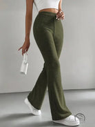 Olive green ribbed flare casual knitted match pants by Langry