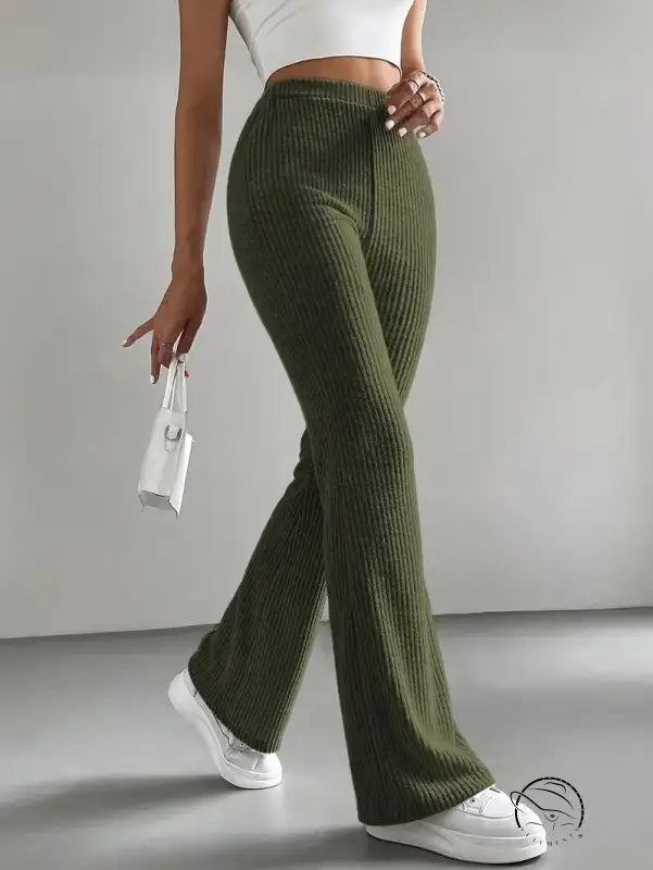 Olive green ribbed flare casual knitted match pants by Langry