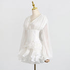 Langry fashion white ruffled chiffon blouse with v-neck sleeves