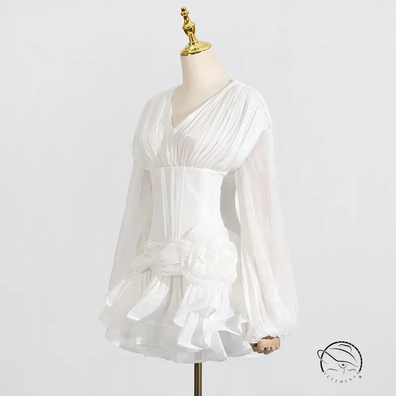 White ruffled chiffon langry fashion blouse with v-neck and long sleeves
