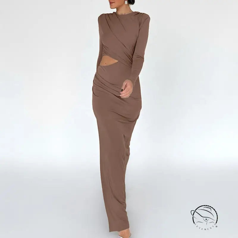 Elegant brown long-sleeved cutout dress from Enchanting Night out fashion collection