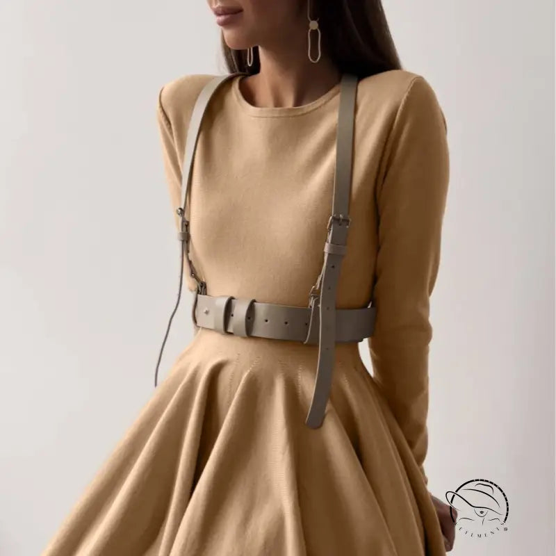 Beautiful woolen knitted dress with beige harness belt