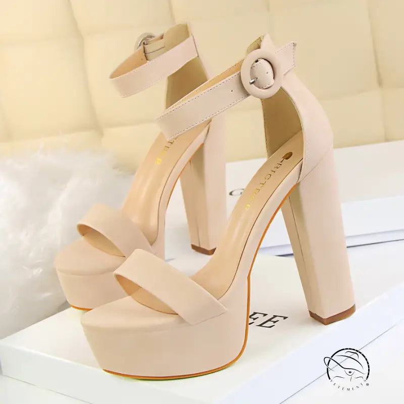 Beige chunky heel super slimming high heels in Langry fashion