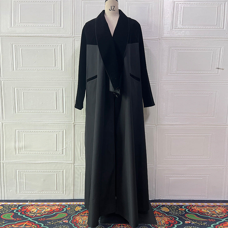 Black langry fashion abaya with velvet collar and paneling on mannequin