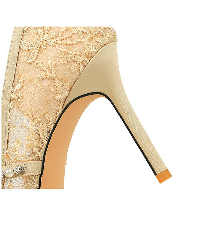 Langry fashion beige lace stiletto heels with pearl and orange sole