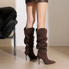 Langry fashion brown suede ruched knee-high boots with slender heels
