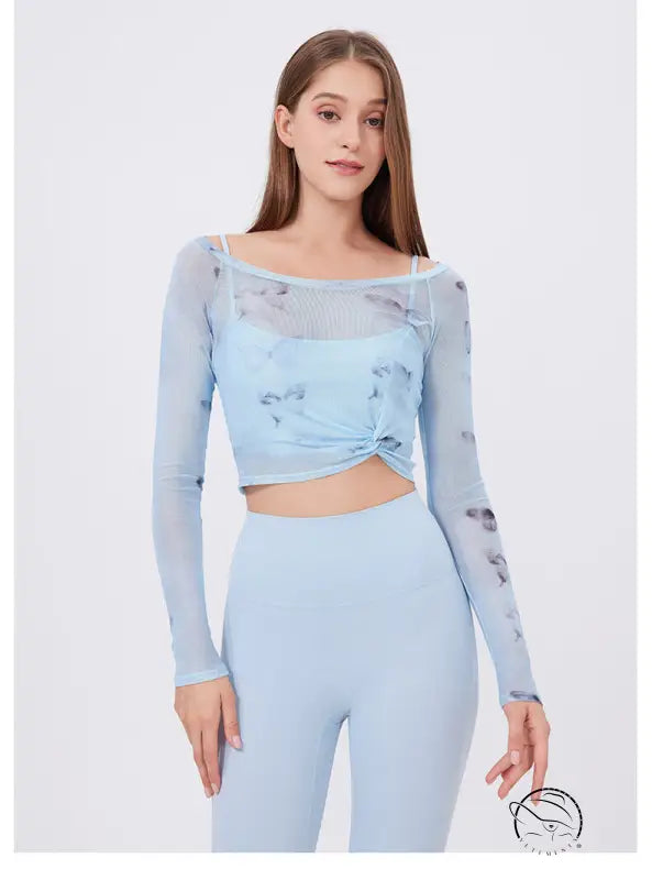 Floral Butterfly Faux Two Piece Sports t Shirt Women Long Sleeve with Chest Pad Yoga Clothes Mesh Top Quick Drying