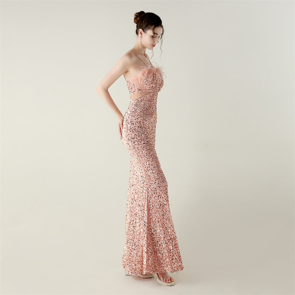Pink floral lace Langry fashion evening gown with ostrich feathers