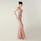 Pink floral lace Langry fashion evening gown with ostrich feathers