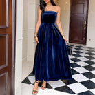 Elegant navy blue velvet langry fashion maxi dress with tube top
