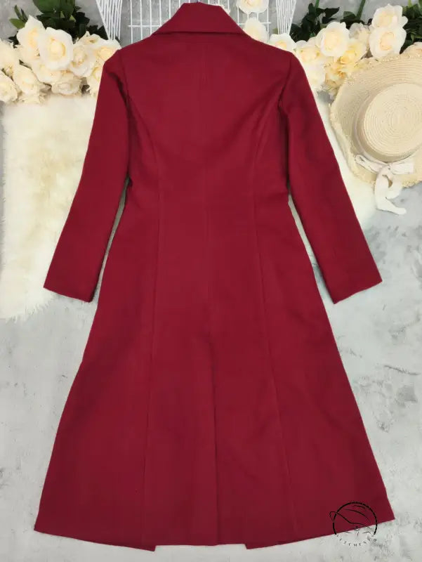 Red double breasted wool long coat for autumn winter fashion