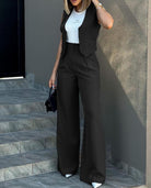 Black sleeveless Elegant Vest Jacket Wide Leg Pants Set for trendy fashion ملابس