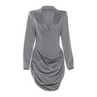 Langry fashion slim deep V plunge neck gray blazer dress with long sleeves and lapel collar