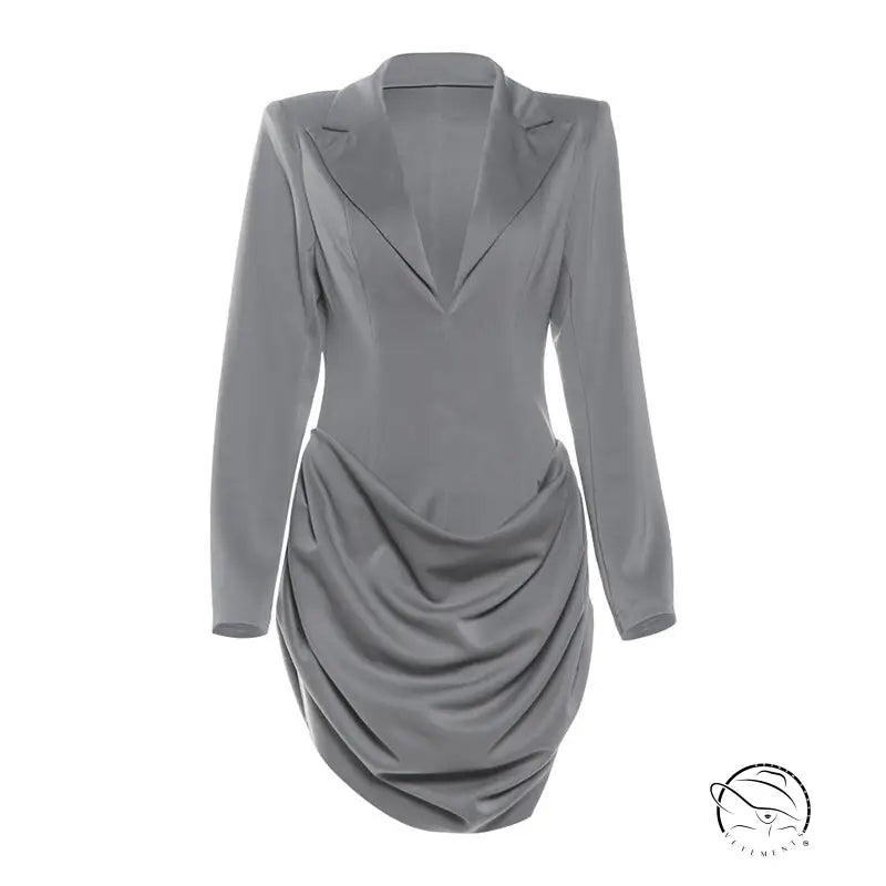 Slim deep V plunge neck gray blazer dress with long sleeves and lapel collar