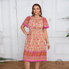 Elegant bohemian dress: knee-length off-shoulder floral with smocked bodice