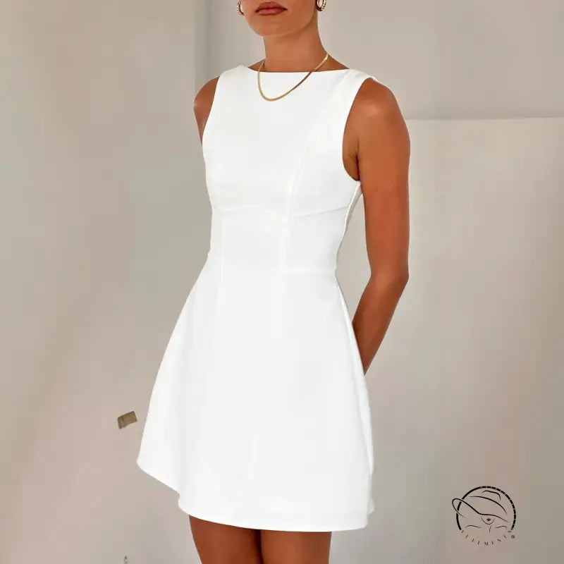 Elegant turtleneck backless white sleeveless mini dress