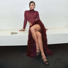 Burgundy slim fit turtleneck gown with split skirt and long train