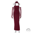 Burgundy halter neck maxi dress with sheer gloves in langry fashion