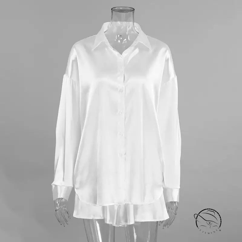 Oversized white long-sleeved satin shirt in soft two piece pajamas