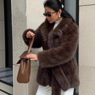 Luxury faux fur coat with belt, oversized sleeves, high collar in Langry fashion
