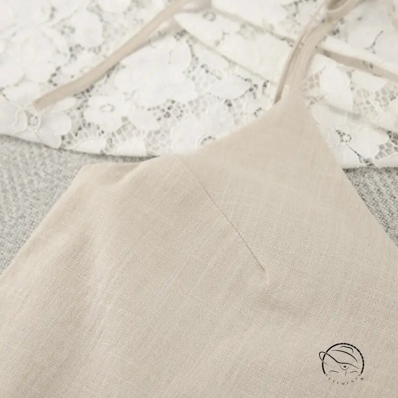 Beige linen camisole with thin straps, casual backless cotton home wear