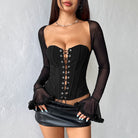 Elegant mesh stitching off-shoulder corset T-shirt with black lace-up design
