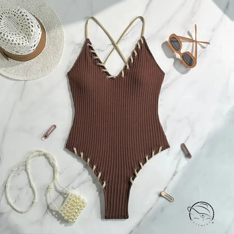 Stunning matching sling brown ribbed one-piece swimsuit